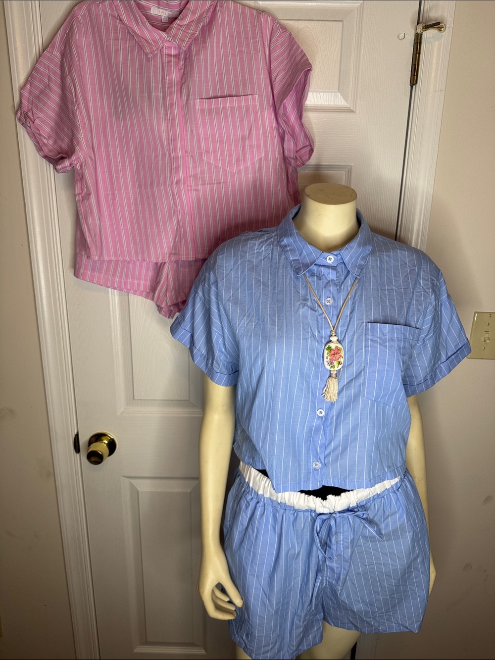 Striped 2 Piece Matching Short Set Size Large ~ 2 Sets Pink Blue